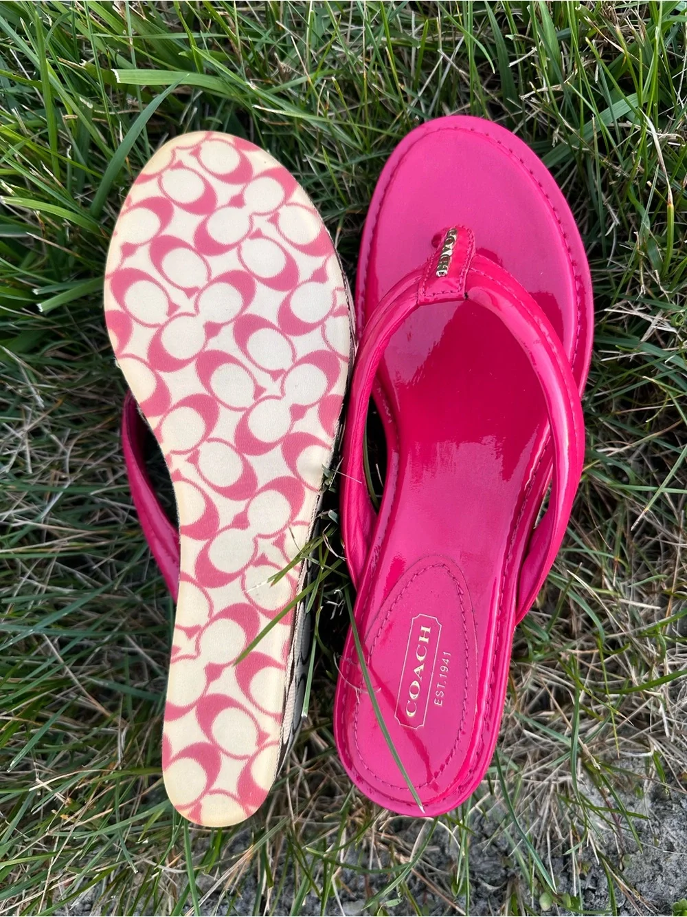 Coach Patent Leather Thong Sandals - Bright Red